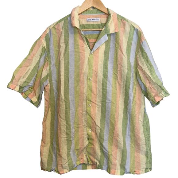 Zara Striped Camp Shirt Pastel Button Up Short Sleeve‎ Casual Top XL - Picture 1 of 7